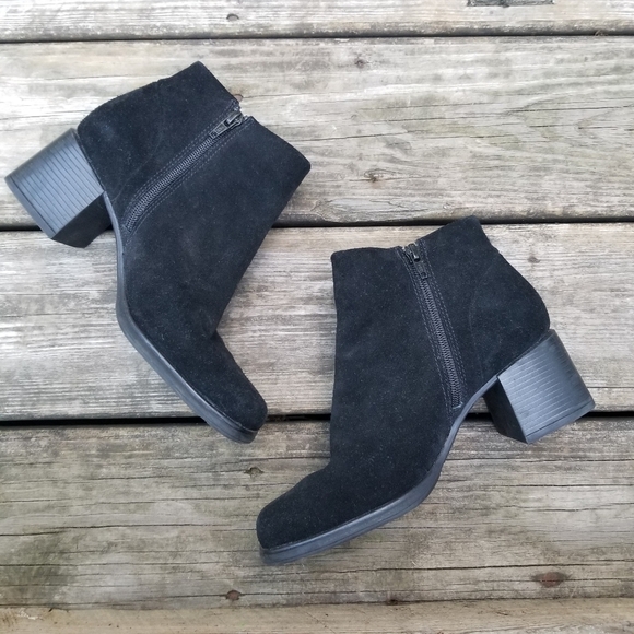 Vintage 90s y2k Bratz Black Suede Leather‎ Chunky Heel Square Toe Punk Booties 7